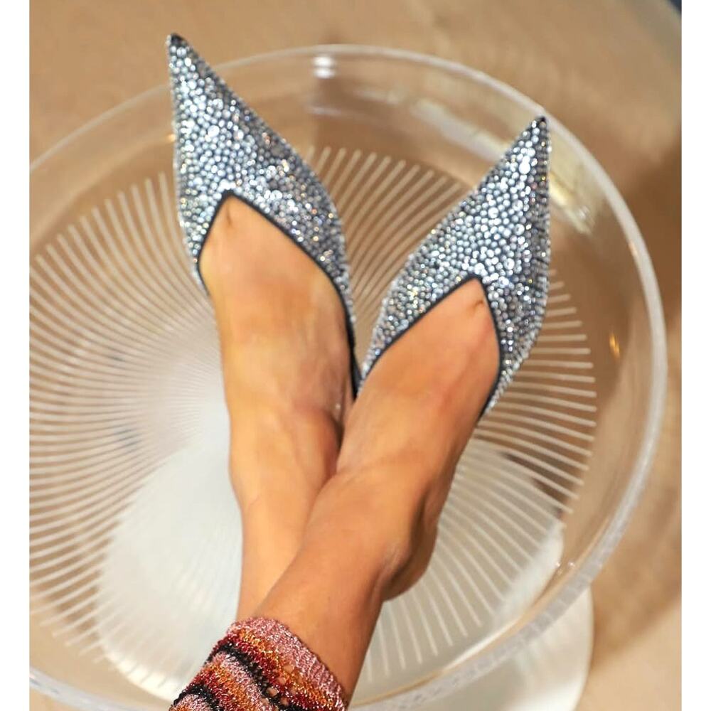 MANGO Crystal Rhinestone Mule Heels NWT Pointed Toe Kitten Heel Size 6.5 - Picture 9 of 16